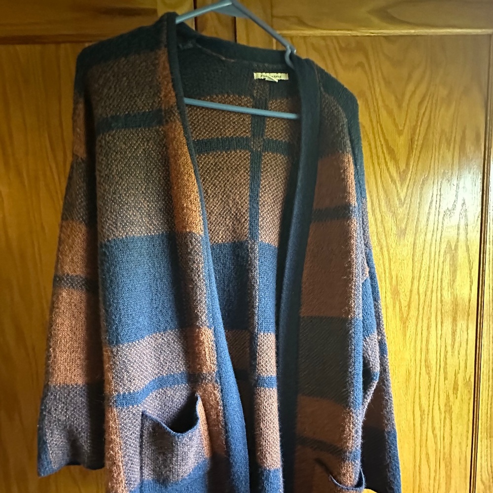 American Eagle Plaid Navy Blue  Open Cardigan Sweater Pockets Brown Oversized